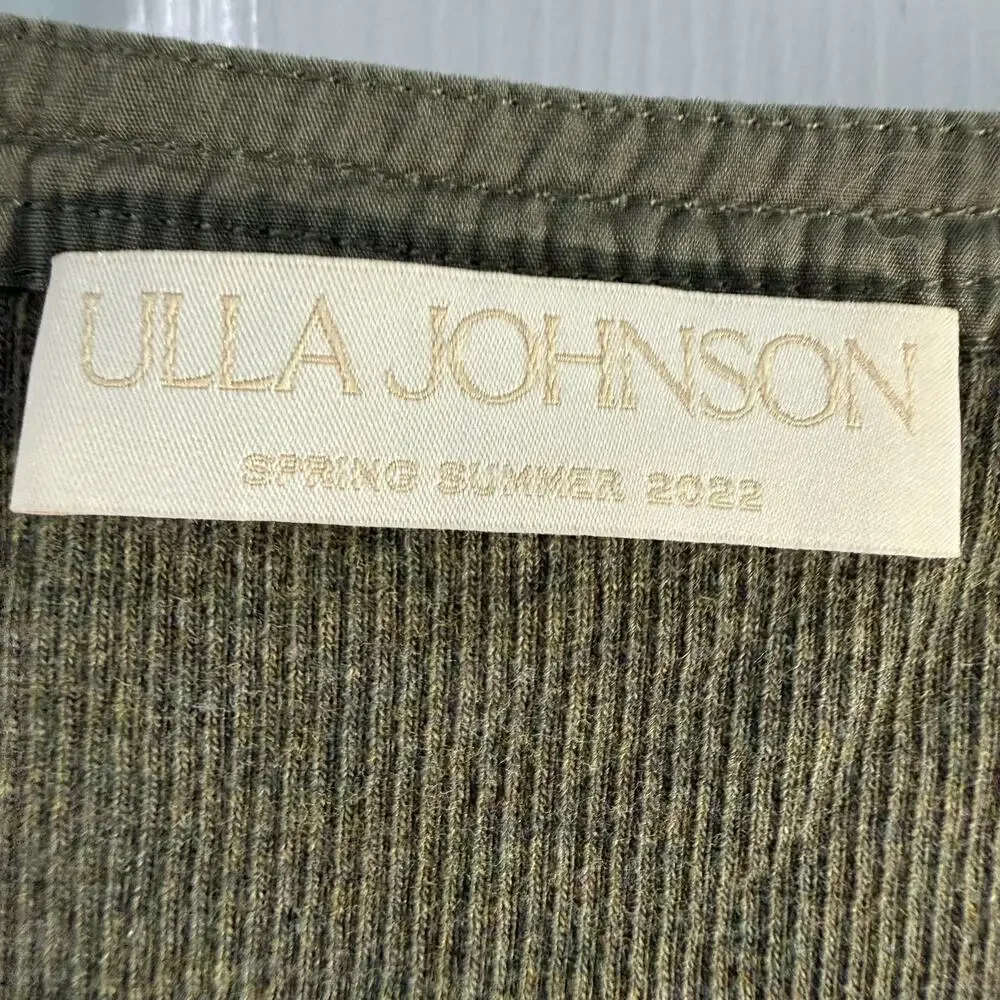 Ulla Johnson Womens M Olive Green Puff Sleeve Cotton Ribbed Top SS 2022